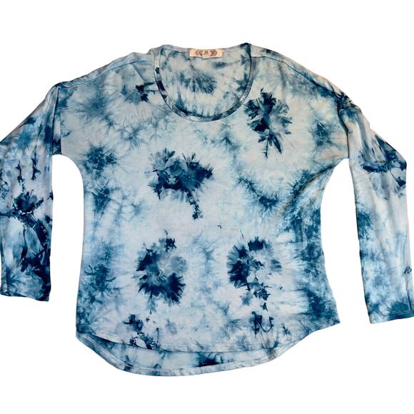Pink Rose Blue Tye Dye Wavy Hem Long Sleeve Shirt Woman's M Rayon/ Spandex Blend - Picture 1 of 10
